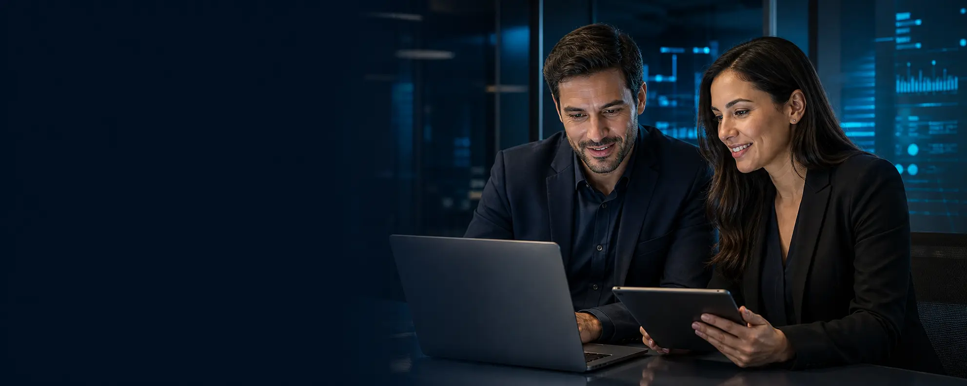 Profissionais acompanhando a gestão financeira pelo notebook e tablet