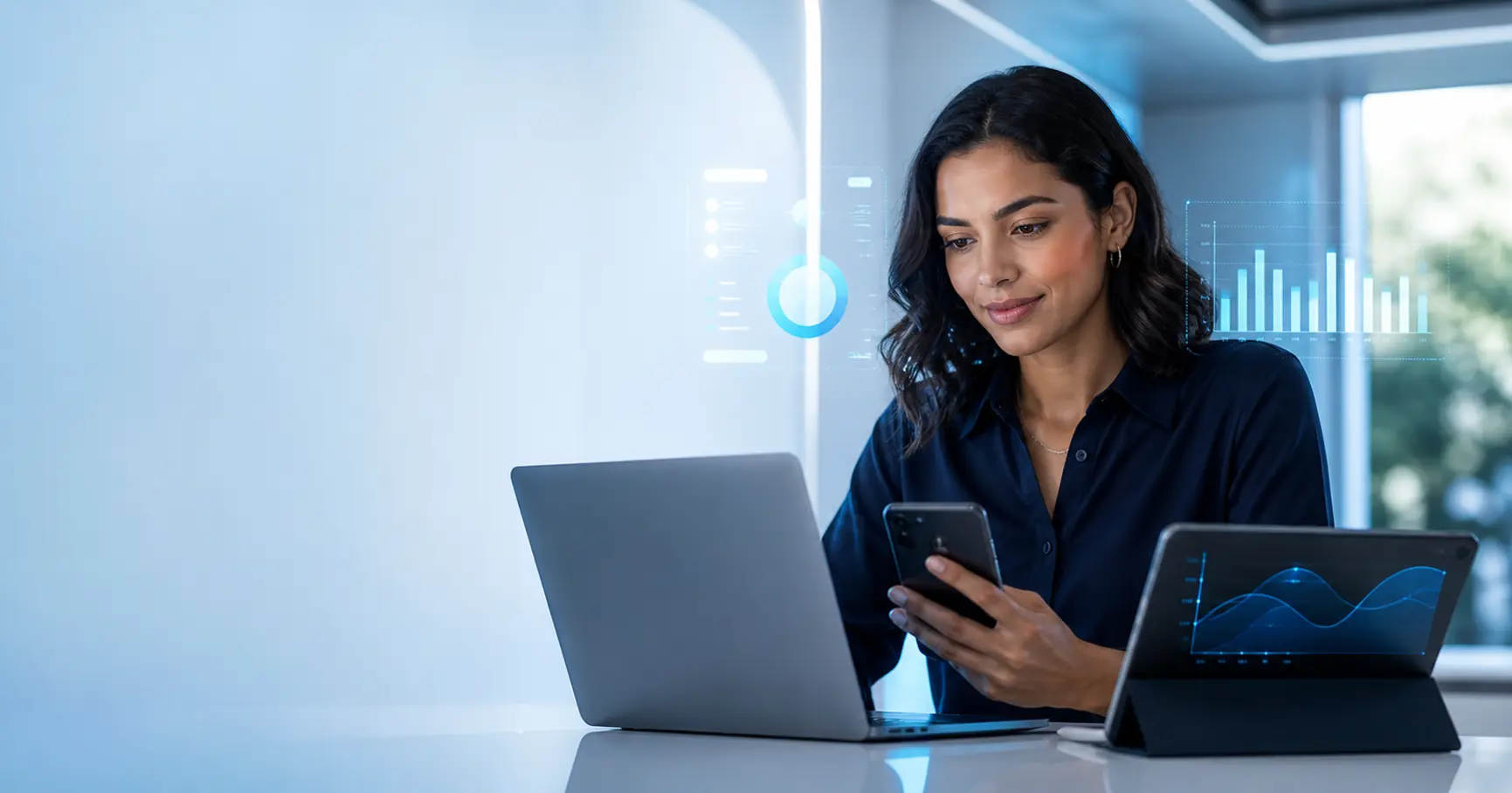 Empreendedora acompanhando a gestão financeira pelo computador, tablet e celular