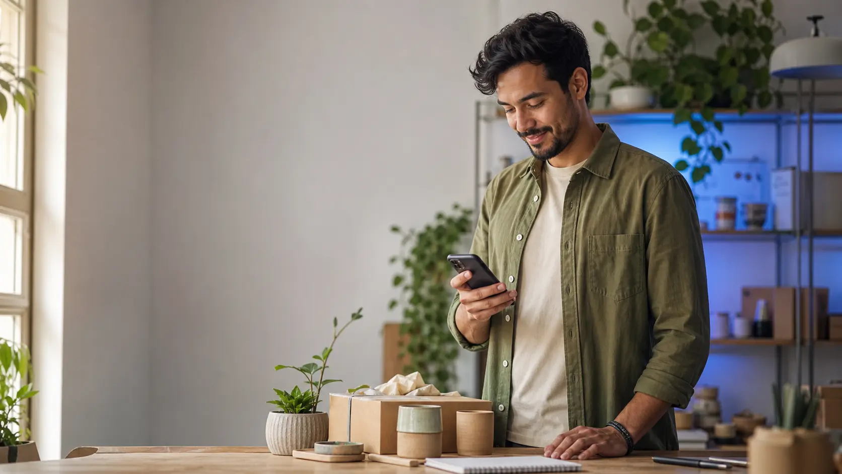 Microempreendedor acompanhando seu negócio pelo celular