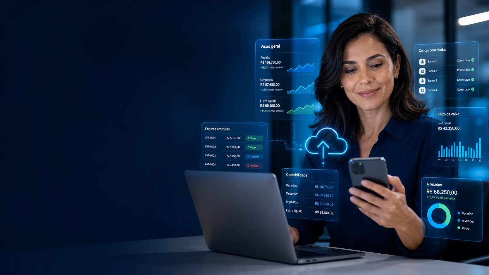 Empreendedora acompanhando uma gestão financeira integrada pela tecnologia